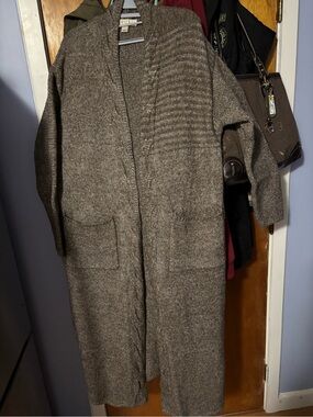 Open-Front Taupe and Cream Tweed Look Knitted Full Length Cardigan with Pockets